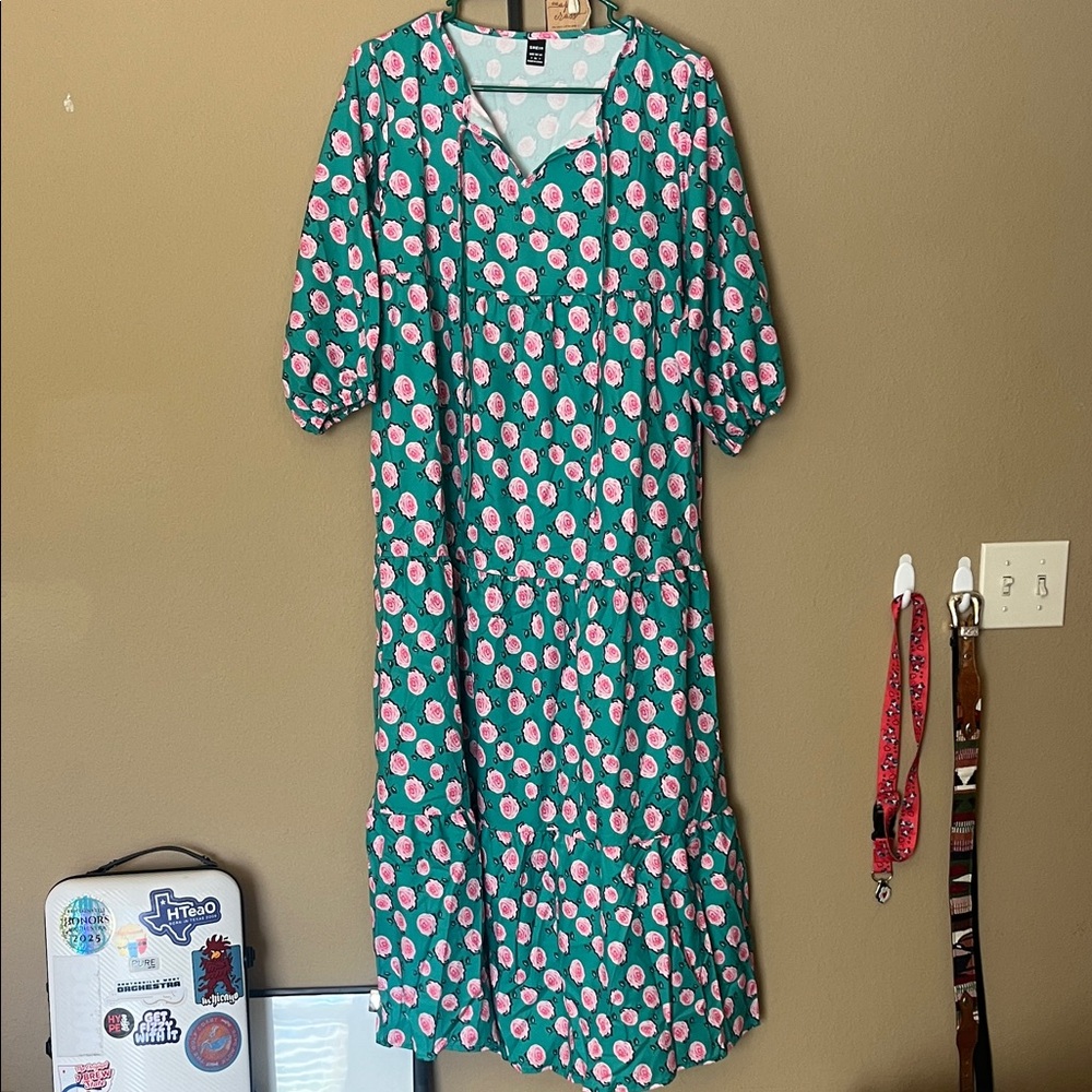 SHEIN Green and Pink Floral Midi Dress